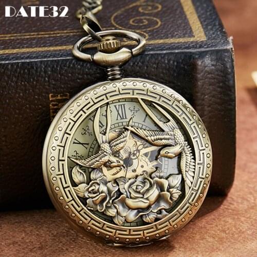 Flower Bird Hollow Mechanical Pocket Watch Antique Steampunk Skeleton Dial Bronze Fob Chain Clock for Men Women Dropshipping