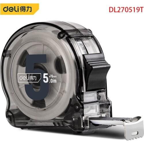 Deli DL270519T Transparent Steel Ruler Measuring Tools Carbon Steel Tape Specification: 5mx19mm Transparent Tape Measure Shell