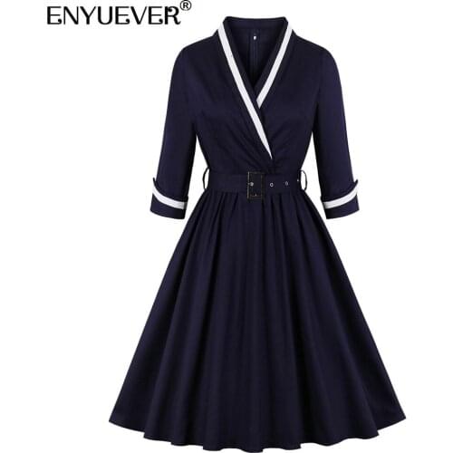 Enyuever Elegant Navy Blue Women Dress Spring Clothes Cotton V Neck Long Sleeve Robe Pinup Swing Plus Size Office Ladies Dresses
