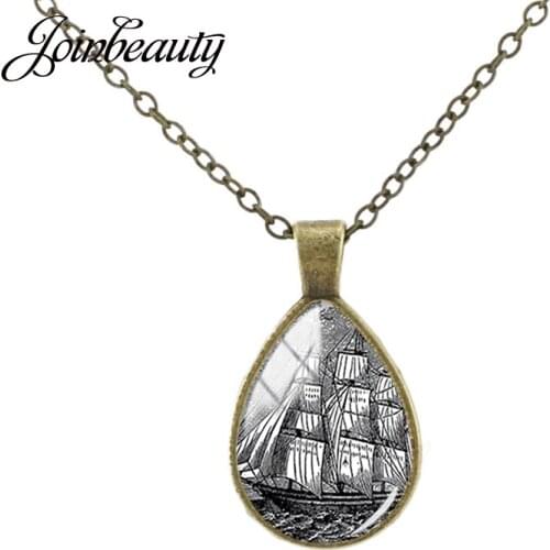 JOINBEAUTY Vintage Sailboat Ship Tear Drop Pendant Glass Dome Necklace Jewelry For Women Girl Teen Kid Charm Gift Accessory VT01