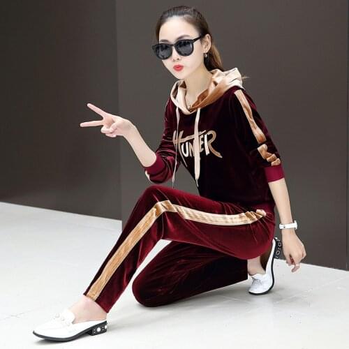 Women New Gold Velvet Tracksuits Autumn Casual Hooded Coat +Trousers Two Sets Gold Velvet Sportswear Suit Plus Size Female