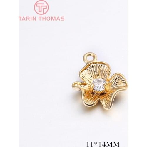 10PCS 11x14MM Hole 1MM 24K Gold Color Plated Brass with Zircon Flower Charms Pendants High Quality Diy Jewelry Accessories