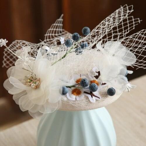 Forest Fruit Flower Fascinator Hat Hair Clip Women Fairy Floral Sinamay Headwear Ivory Blue Mesh elegant Ladies Party Headdress