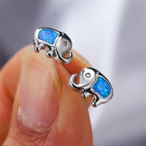 Trendy Animal Small Elephant Stud Earrings Female White Blue Opal Stone Earrings Vintage Silver Color Wedding Earrings For Women
