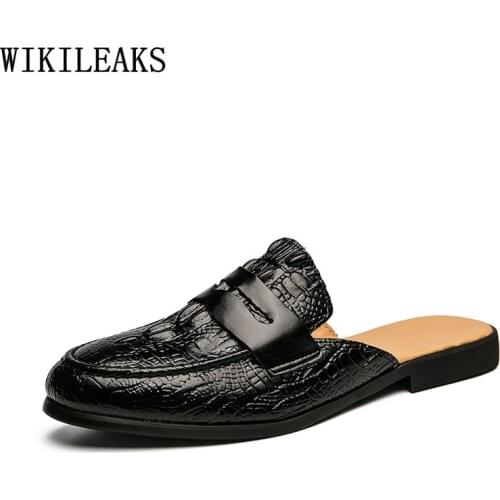 Brown Half Shoes for Men 2021 Black Leather Casual Shoes Mens Mules Designer Slip on Crocodile Shoes Man Zapatos Mule Masculino