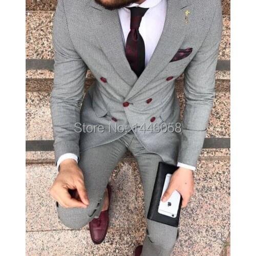 2019 Double Breasted Casual Men Suits Latest Coat Pant Designs Male Groom Wear Slim Fit Wedding Suits For Men Light Grey Tuxedo