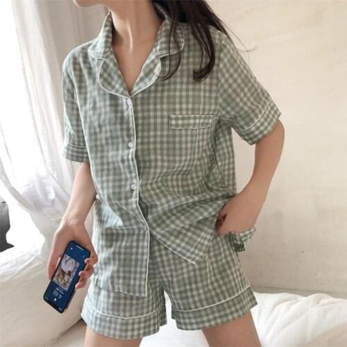 2021 New Comfortable Pajamas Womens Short Sleeve Shorts Plaid Home Suit Female Sleepwear Sleeping Wear Lady Nightwear Lingerie
