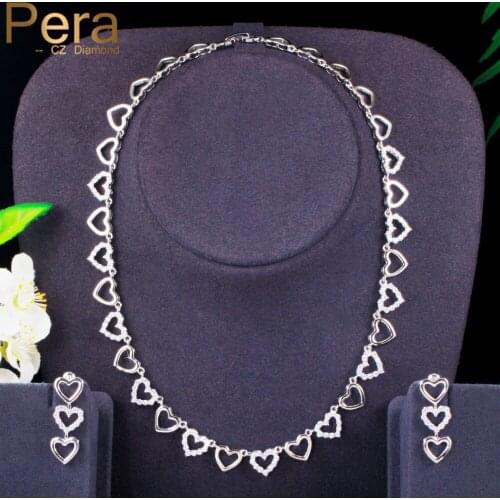 Pera Classic Love Heart Shape Link CZ Crystal Silver Color Choker Necklace Earrings Sets for Ladies Costume Party Jewelry J406