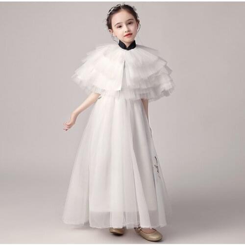 Flower Girl Dresses Illusion O-Neck Sleeveless Embroidery Princess Tulle Lace Vintage White Floor-Length Kids Party Gown H665