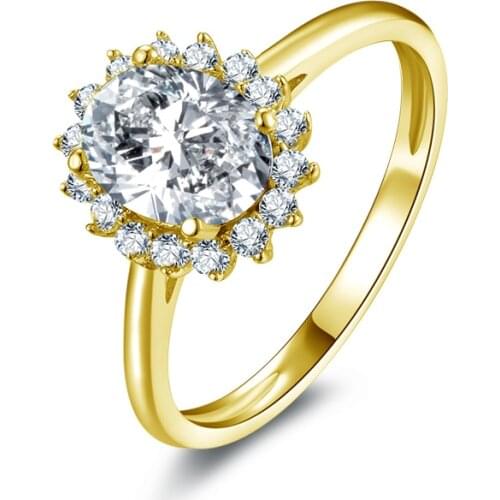 QYI 14K Solid Yellow Gold Halo Ring For Women Oval Cut Sona Simulated Diamond Wedding Engagement Rings