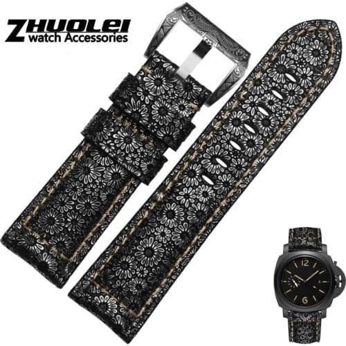 Retro flower Texture genuine leather watchband for mens PAM441 448 312 wristband 22mm 24mm 26mm with personality buckle strap