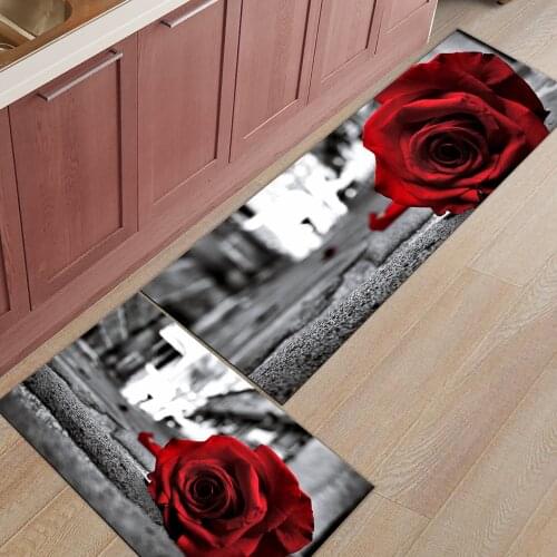 Rose Flowers Red Road City Long Kitchen Mat Home Entrance Doormat Anti-slip Bathroom Rug Home Floor Decoration