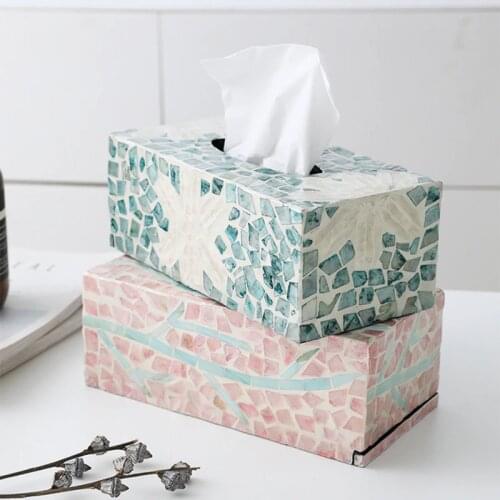 Natural Shell Decoration Pink Tissue Box Exquisite Luxury Home Restaurant Wooden Rectangular Storage Creative Drawer Table Deco