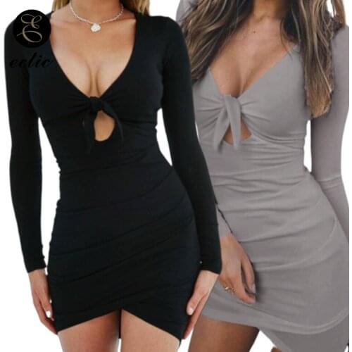 Sexy Tight Mini Dress Deep V Neck Sukienka Bodycon Wrap Dress Women Long Sleeve Hollow Fashion Front Knot Dress Party Night Club