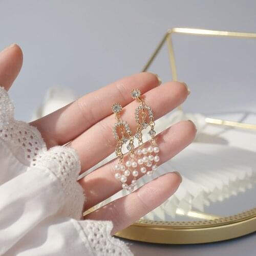Luxury 14k Long Design Shiny Zircon Tassel Pearl Chain Earrings Wedding Bridal Accessories For Girlfriend Surprise Gifts