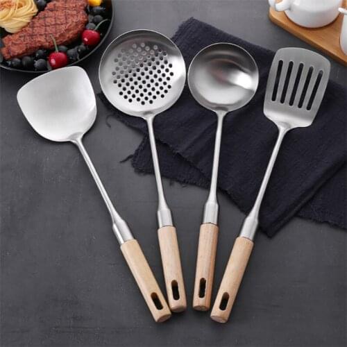 Soup Ladle Colander with Long Wood Handle Wall Hanging Stainless Steel Spatula Spoon Tableware Kitchen Tools Cooking Utensils