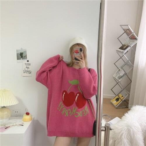 Winter Cute Sweater Women Loose Koreaning Autumn New Cherry Sweet Kawaii Style Knit Pullover Pink Blue Gray Pull Femme Female
