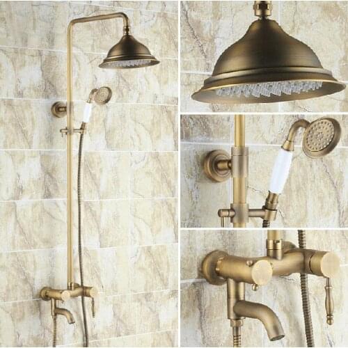 Vintage Retro Antique Brass Single Handle Bathroom 8.2 Inch Round Rain Shower Faucet Set Bath Tub Mixer Tap Hand Shower mrs152