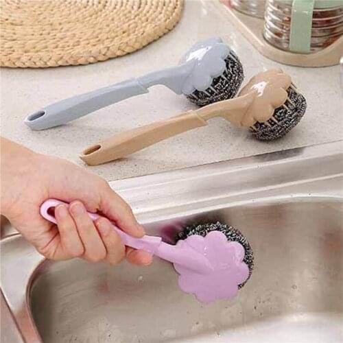 Stainless Steel Wire Ball Brush With Long Handle Kitchen Petal Hanging Cleaning Brush Pan Kitchen Dish Handle Washing Tool