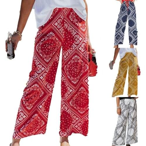 50% Hot Sales Women Wide Leg Bohemian Printing High Waist Pants Slacks Bottoms for Work