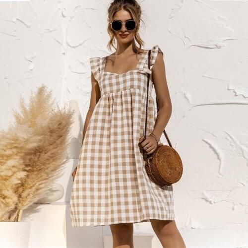 Vintage Square Collar Plaid Women Summer Dress 2021 Ruffles Sleeveless Sexy Backless A-line Mini Dress Vestidos