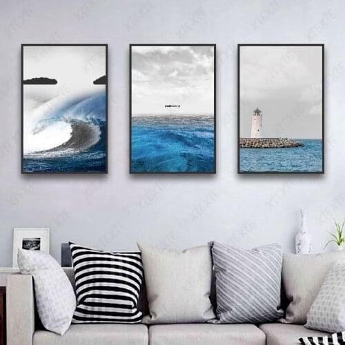 Spectacular Landscape Tower Grey Sky Blue Water Huge Waves Posters and Prints Canvas Painting Living Room Bedroom Decoration