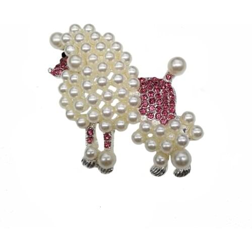 50pcs/lot Rhinestone Poodle Brooch Crystal Pearl Gold Poodle Broach Dog Brooches Jewelry