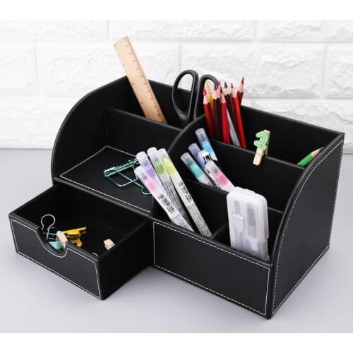 7 Storage Compartments Multifunctional Leather Office Desktop Organizer Business Card Pen Pencil Mobile Phone Holder