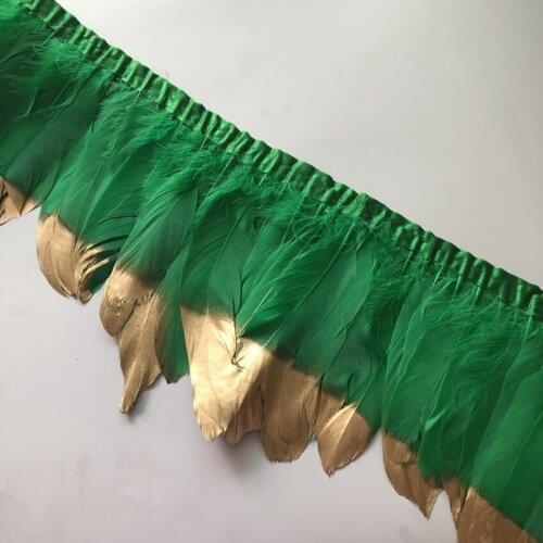 Asia Ra Wholesale 4 Meters/lot natural goose feather fringe paint gold tips Goose Feather Trims with Satin Ribbon Tape for skirt