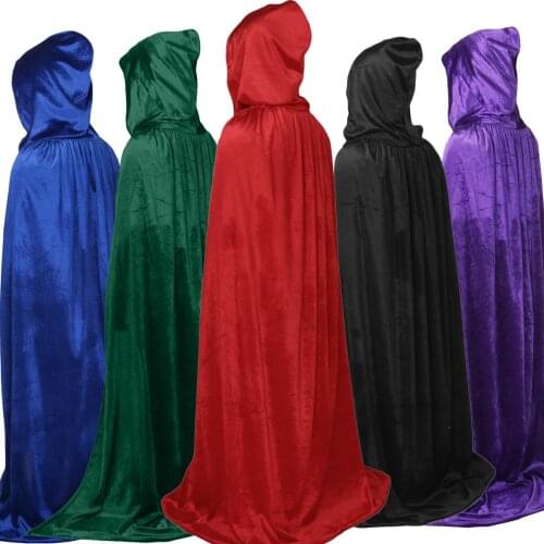 Halloween Adult Kids Velvet Cloak Cape Hooded Medieval Costume Witch Vampire Purim Carnival Party Black Red Blue