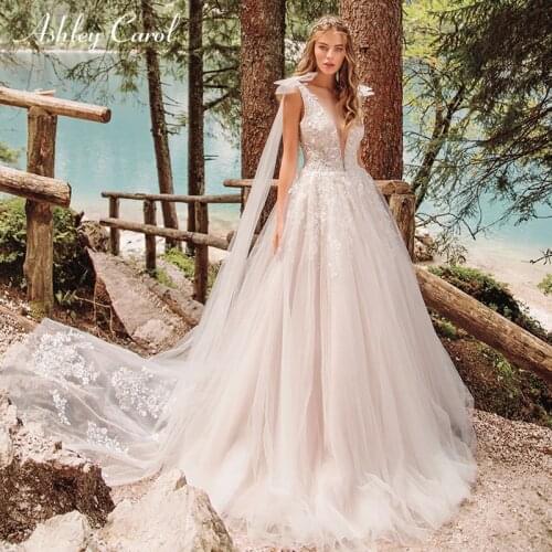 Ashley Carol Beach Wedding Dress 2021 Boho Tulle Sexy Deep V-neckline Sleeveless Fairy Bride Dresses Backless Bridal Gowns