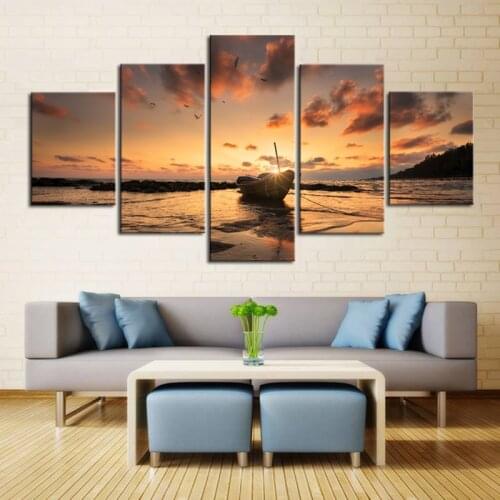 5 Piece Sunset Sea view boat Canvas Painting Large Print Art for Living Room Wall art Home Decoration drop ship is welcomed