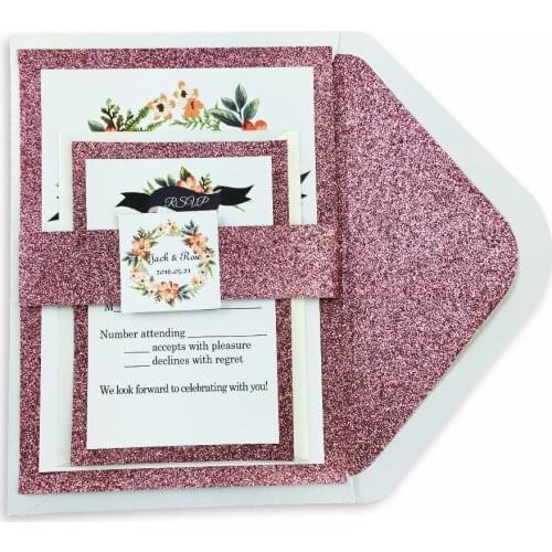 30pcs/lot glitter liner envelop with floral invitation and RSVP invitation set ( including belly band and tag)