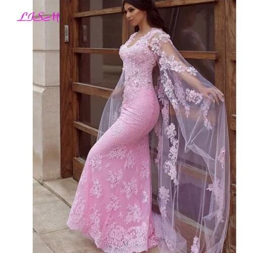 Lace Mermaid Evening Dress With Cape Elegant V-Neck 3D Flowers Prom Party Gowns Plus Size Formal Dresses 2021