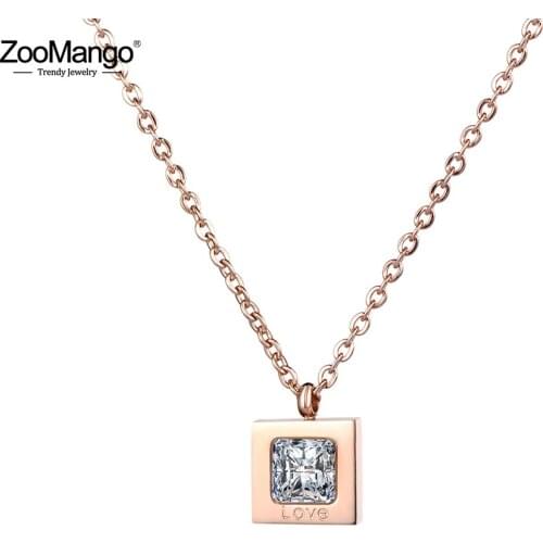 ZooMango Titanium Stainless Steel Love CZ Square Pendant Necklaces For Women Rose Gold Chain Choker Necklace Jewelry ZN18242