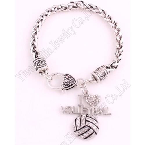 Fans Favorite Sports Jewelry Drop Shipping 1.3"*1.3" inches I Love Volleyball 2D Pendant Wheat link Chain Lobster Claw Bracelets