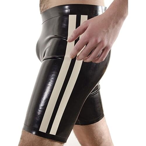 Male Latex Rubber Shorts with Double Legs Outside Stripes Trim Panty Clubwear Underwear S-LPM027