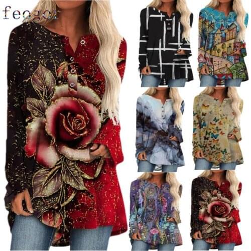 FEOGOR 2021 new product T-shirt 2021 fall/winter new casual womens printed snap button loose mid-length T-shirt T-shirt women