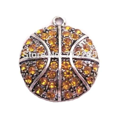 New Arrival 50pcs antique silver color Basketball Yellow crystal sports Pendant(P100018)