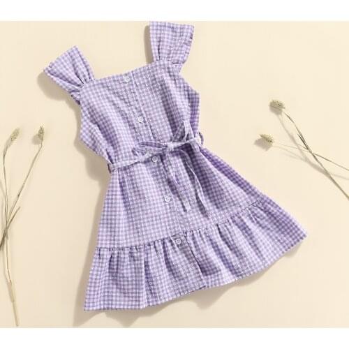 1-6Y Toddler Baby Girls Summer Dress Fashion Plaid Printed Sleeveless Belt Dress Casual Children Clothes Outfits
