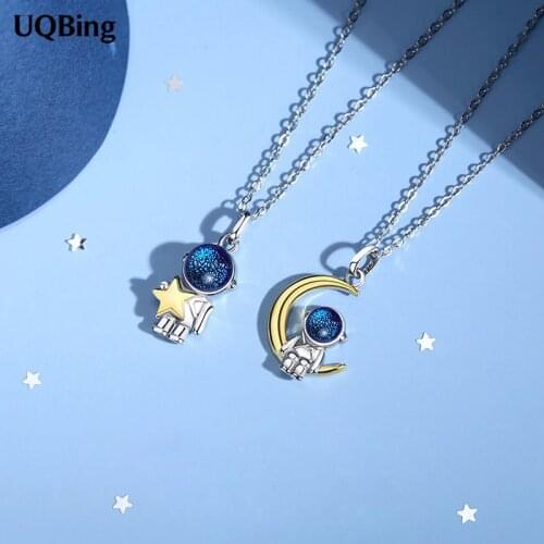 925 Sterling Silver Stars and Moon Astronaut Couple Pendant Necklaces For Women & Girls Party Gifts