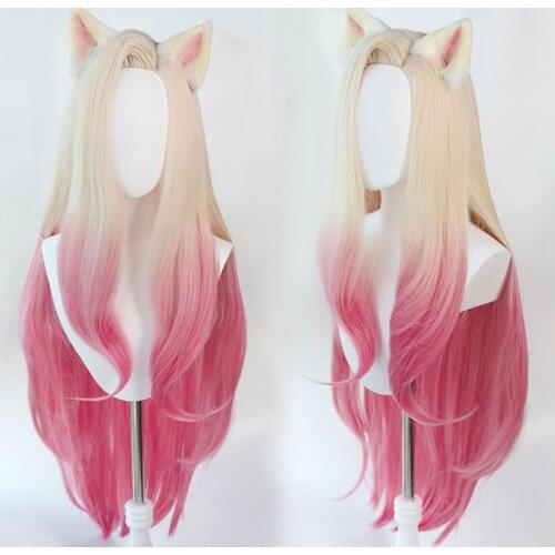 Game KDA Baddest Ahri Cosplay Wigs LOL KDA Cosplay Blonde Mixed Pink Wigs with Ears Heat Resistant Synthetic Hair
