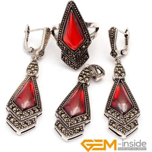 Semi (red crystal) rhombus shape shape antiqued tibetan silver ring earrings pendant classical jewelry for party