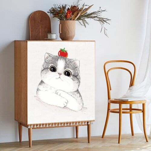 Nordic Short Curtain Cartoon Cat Cabinet Dustcover Wardrobe Partition Curtains Printed Leaves Kitchen Drapes for Home Decoration