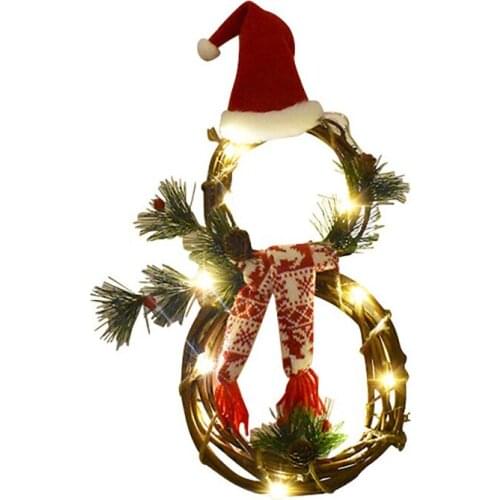 Christmas Charm Wreath Luminous Snowman Shaped Xmas Wreath With A Xmas Red Hat Vine Circle Grey Scarf Home Festival Decoration
