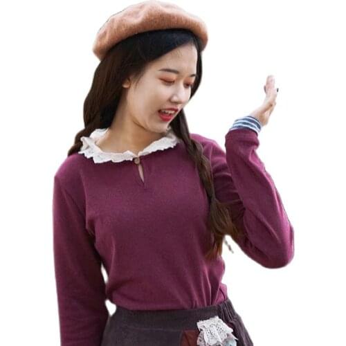 Mori Girl Vintage Retro Hippie Boho Lolita Casual Lace Ruffle Warm Long Sleeve Shirt Sweatshirts Women Autumn Winter Pullovers