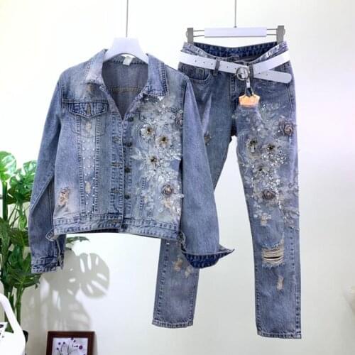 England style single breasted diamond beading Denim jacket female 3D Appliques sequins beading denim outwear tops wq1578