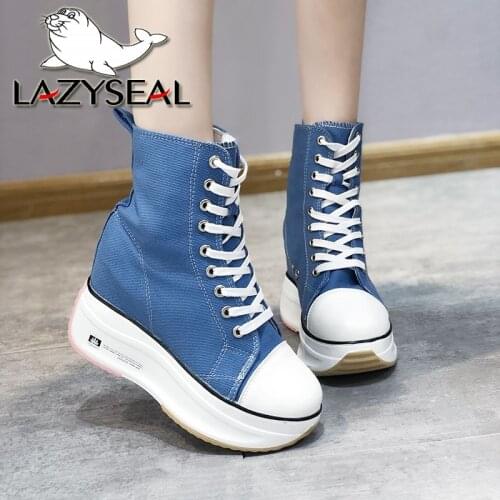 LazySeal 9cm Height Increasing Ankle Boots Women Lace-up Canvas Platform Shoes Woman Chunky Sole Sneakers Womens Boots