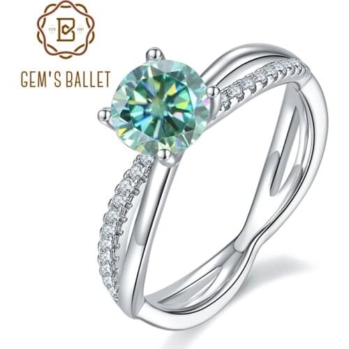 GEMS BALLET 925 Sterling Silver Green Moissanite Ring 1.0Ct 6.5mm Round Moissanite Split Shank Engagement Ring For Women