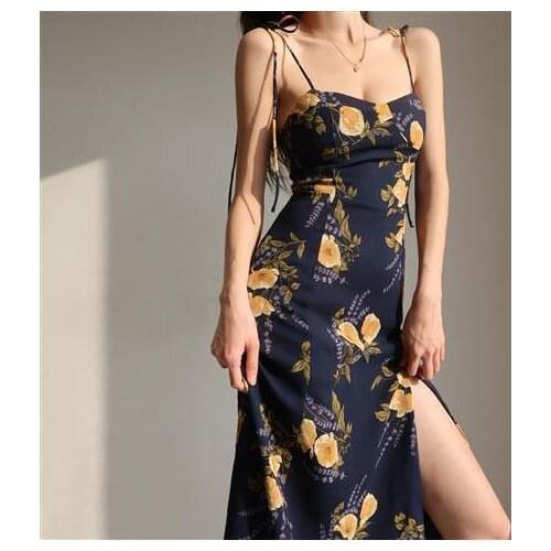 Female Summer Office Lady Party Vestidos French Sweet Vintage Orange Floral Dress Women Casual Spaghetti Strap Beach Cami Dress